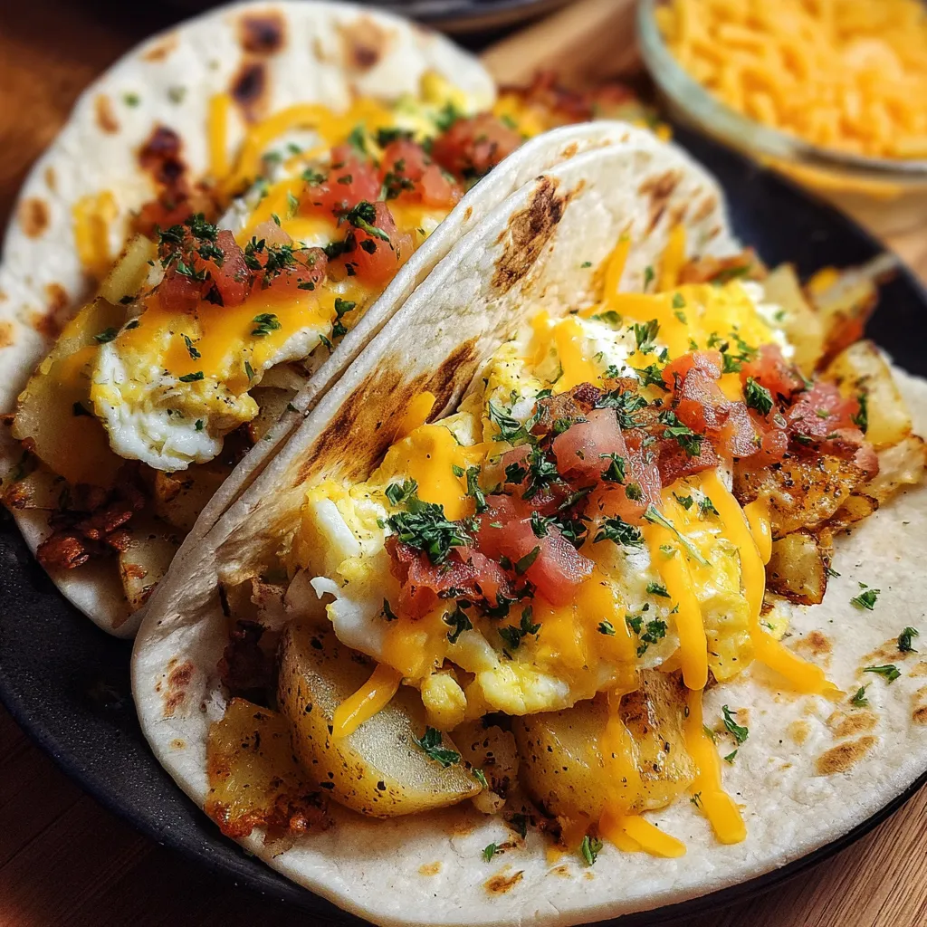 Crispy Potato, Fluffy Scrambled Egg, and Melted Cheese Breakfast Tacos with Fresh Toppings - tertiary view